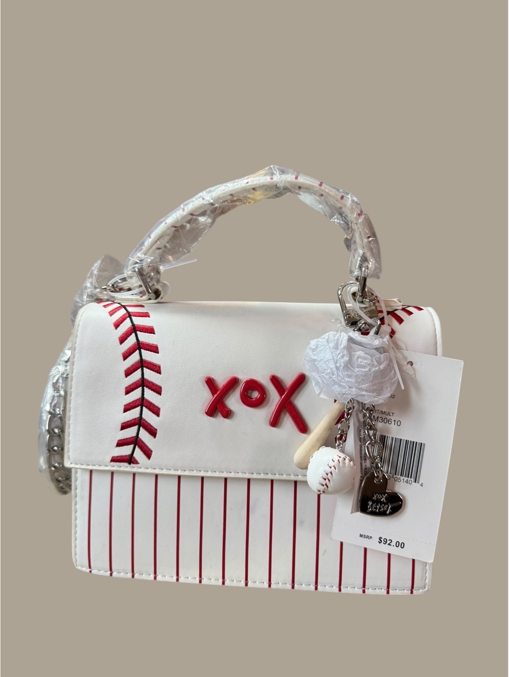 Betsey Johnson White and Red Baseball Themed Satchel